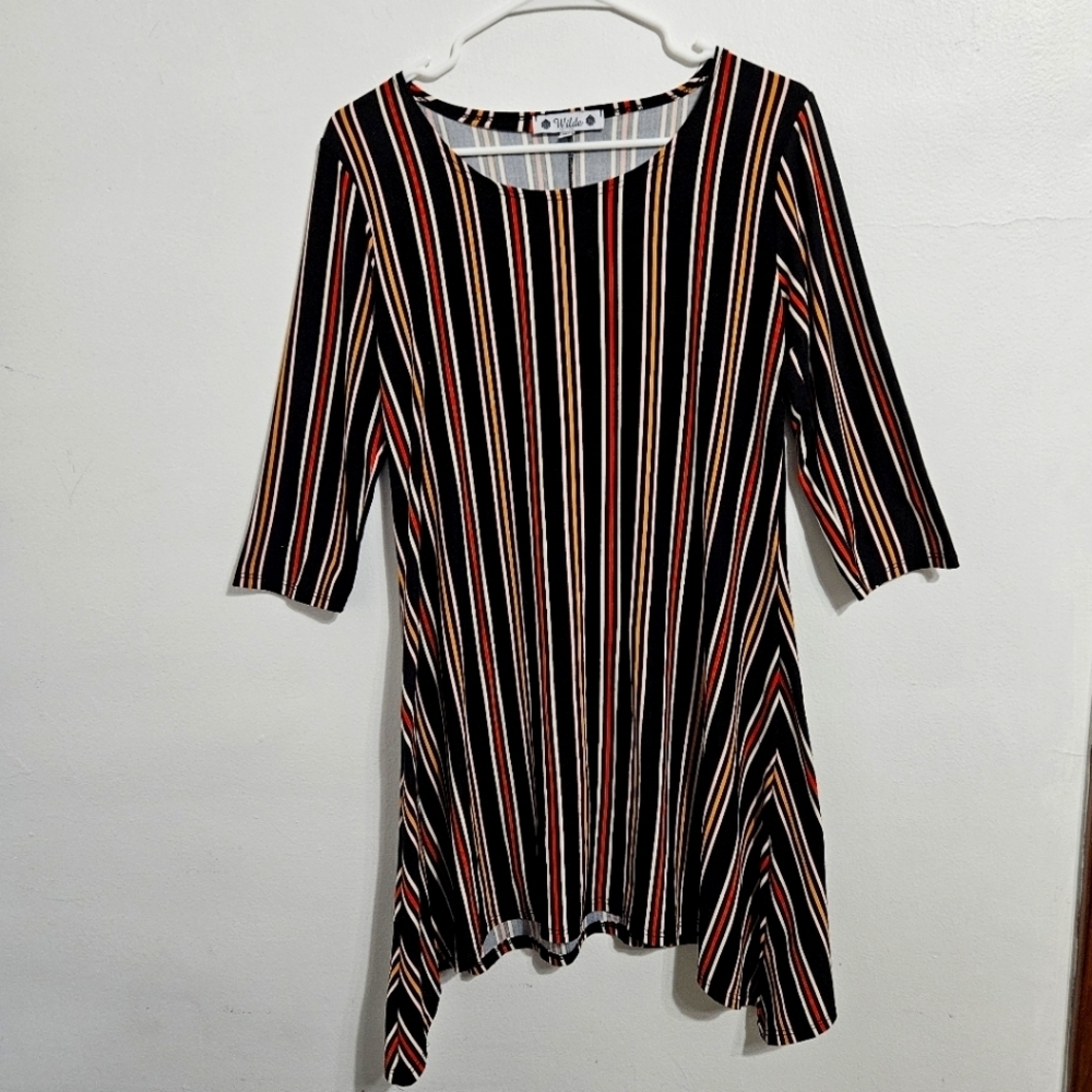 Autumn asymmetrical hem striped dress.  Mid length sleeves. Size M